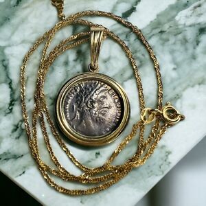 14k Gold Ancient Coin Necklace 18" Silver Roman Emperor Commodus 177-192 AD 5.7g